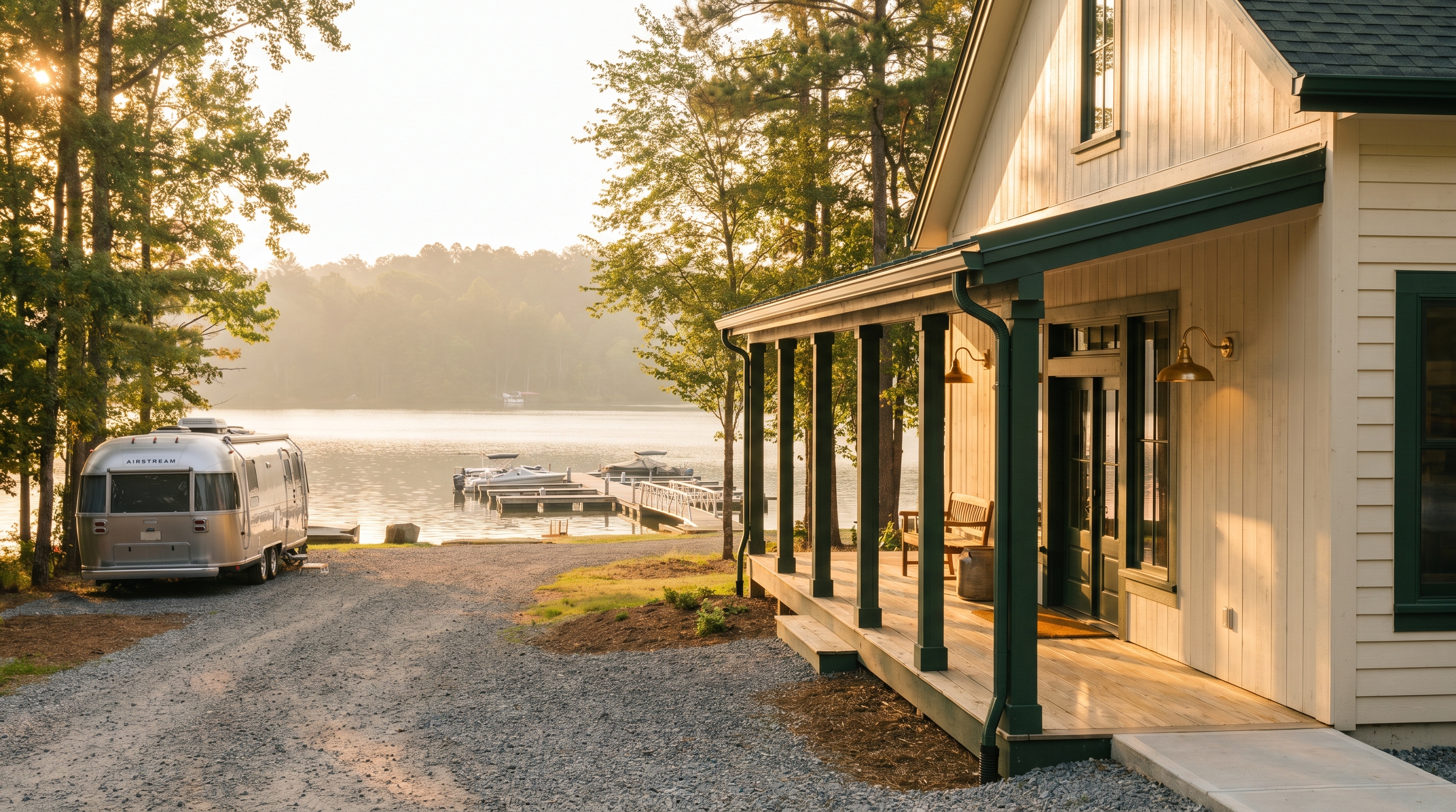 A modern campground store beside an RV and a marina at sunrise.